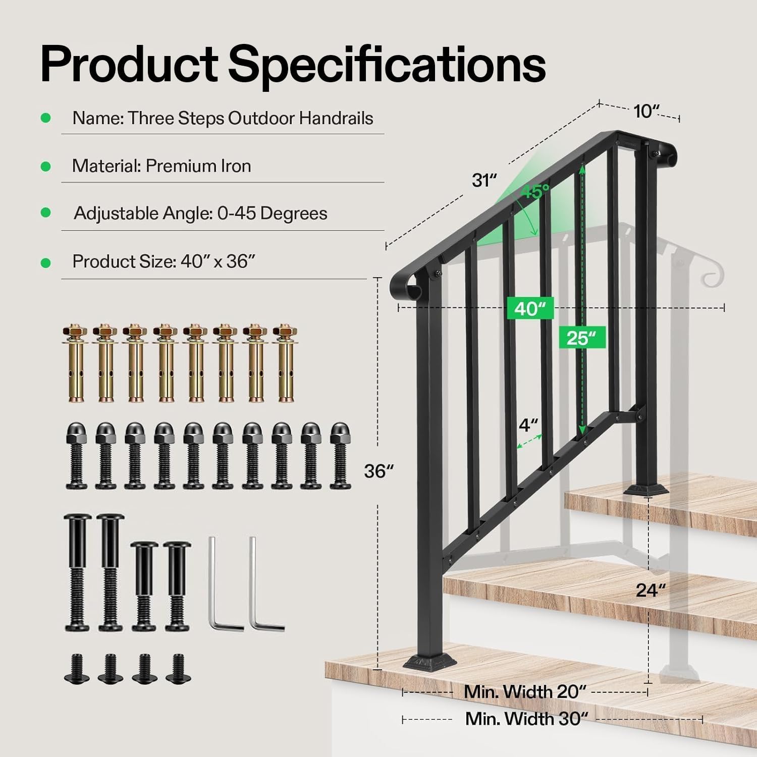 VIVOSUN 3-Step Railing 40"x36" Wrought Iron with Curved & Balusters Black