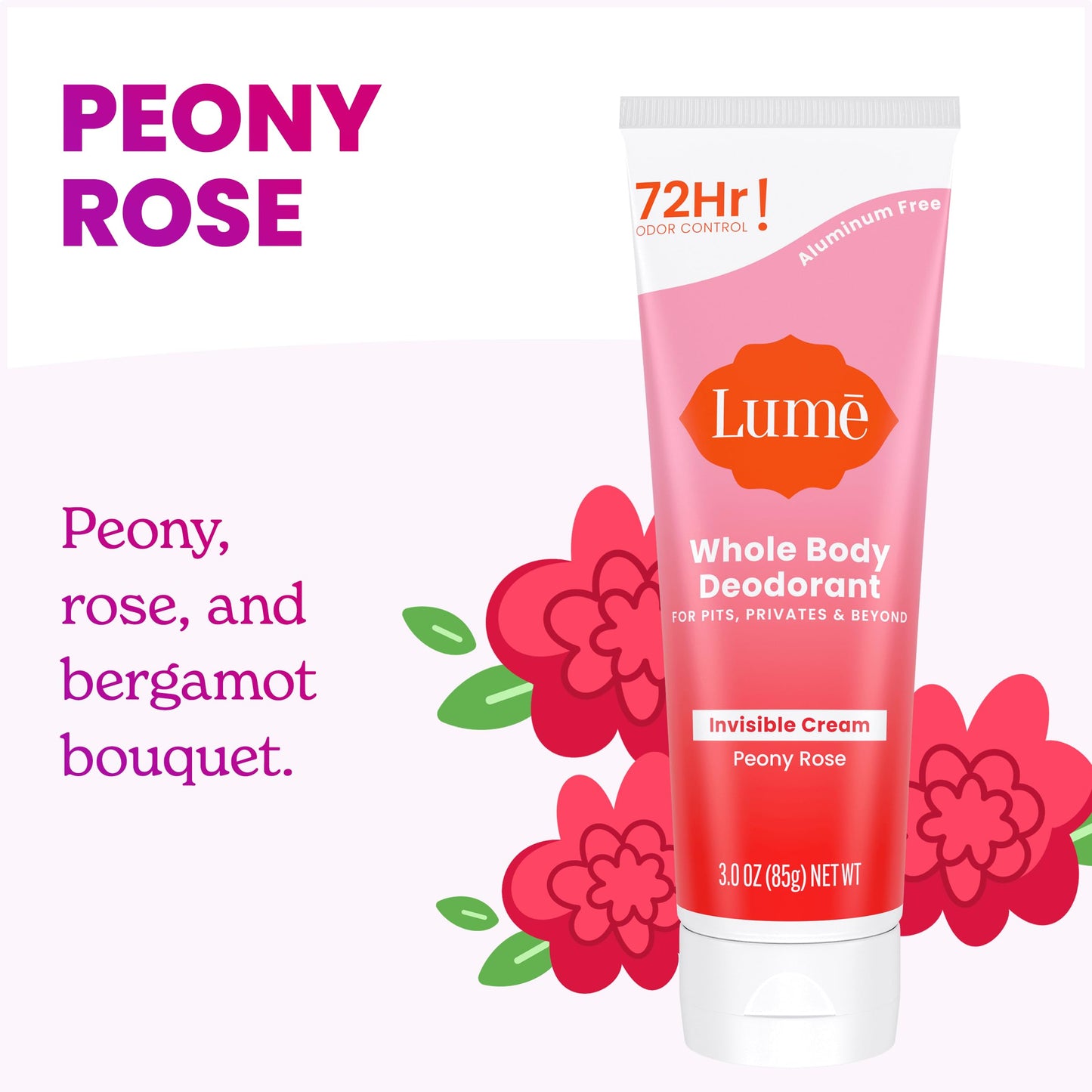 Lume Whole Body Deodorant - Invisible Cream Tube - 72 Hour Odor Control - Aluminum Free, Baking Soda Free, Skin Safe - 3.0 ounce (Pack of 2) (Peony Rose)