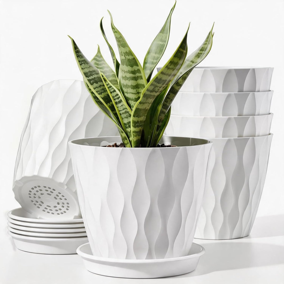 6 Pack Plant Pots with Drainage Holes, 4 Inch Plastic Indoor Flower Pots, Succulent Pots for Orchids, Violets, Succulents, Herbs and Other Small Plant, White