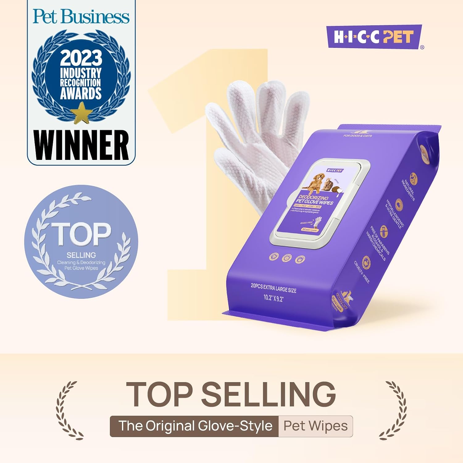 HICC PET Dog Wipes for Dogs & Cats, Glove Design, 20 Count