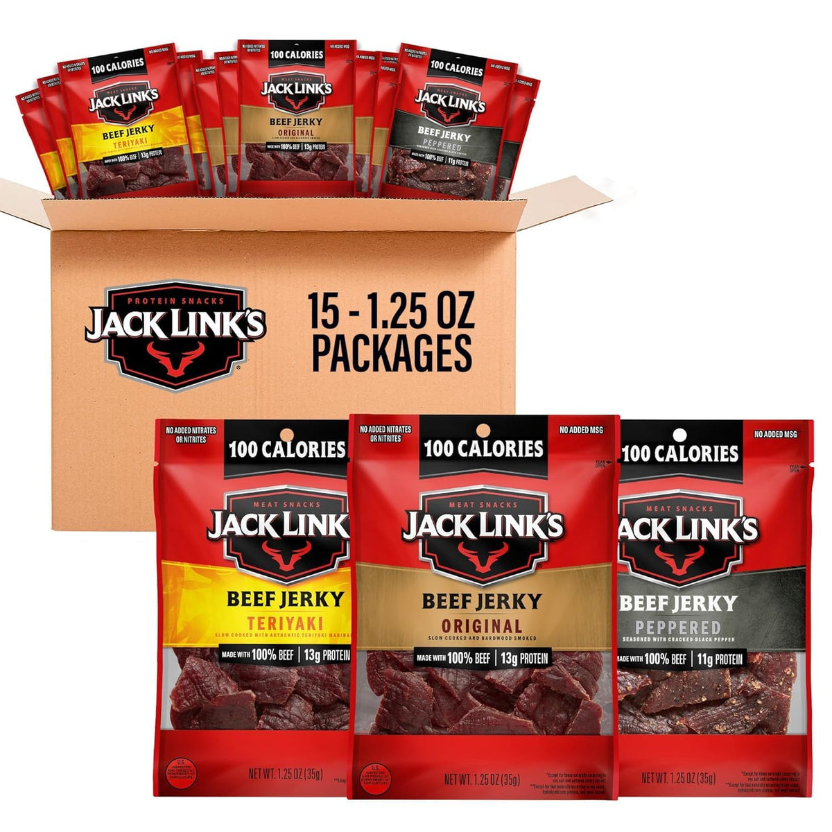Jack Link's Beef Jerky Variety Pack - Original, Teriyaki & Peppered - (15 Pack) 1.25 oz Bags - Ready to Eat Real Meat Protein Snacks - Made with 100% Real Beef