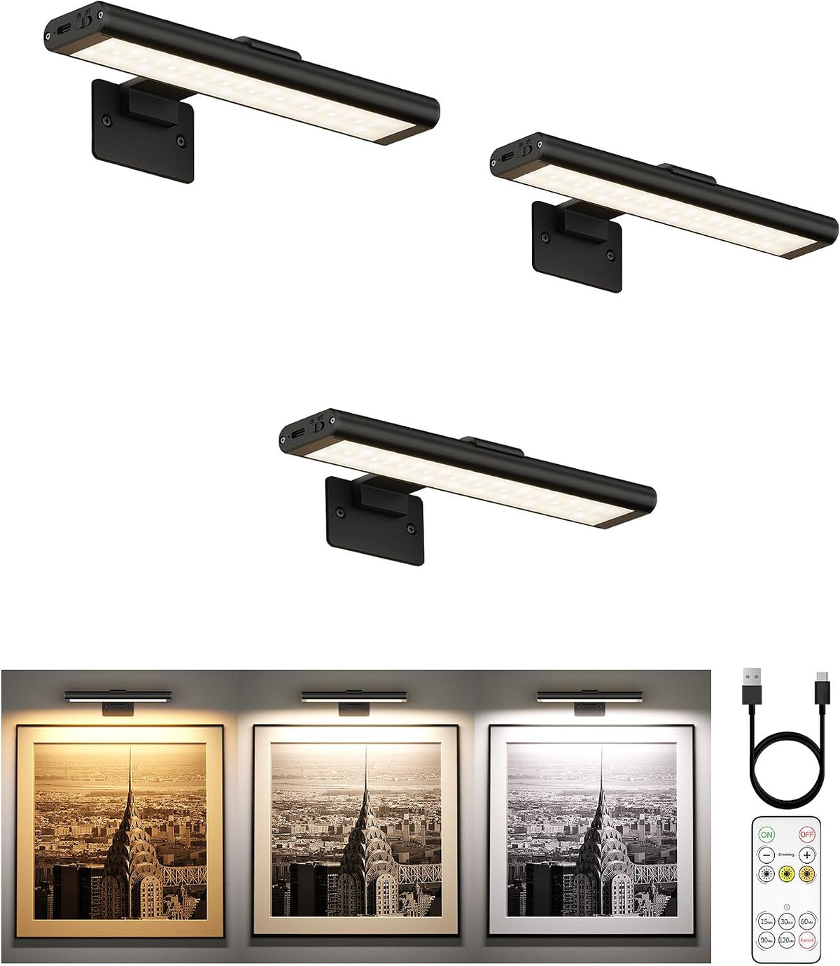 EZVALO Picture Light for Wall, Rechargeable 2400mAh Lights Wireless with IR Remote, 3 Color & Dimmable Magnetic 7.8'' LED Lights Display for Painting, Living Room, Gallery, Bedroom(Black-3P)
