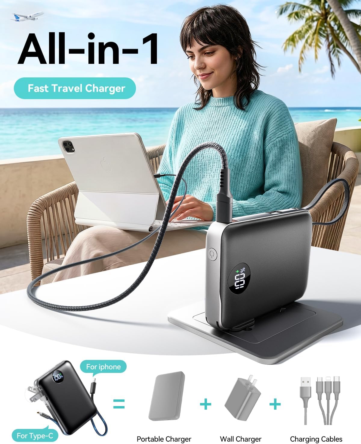 Portable Charger Power Bank 10000mAh, 45% Smaller Built-in Cables & AC Plug