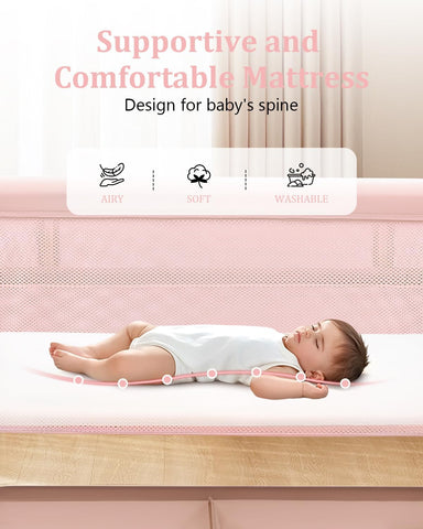 3 in 1 Baby Bassinet with Wheels, Bedside Bassinet Sleeper for Newborn, Portable Baby Crib with 7 Adjustable Height & Large Storage Basket & Full-Mesh, Easy Folding Baby Bed for Infant (Pink)