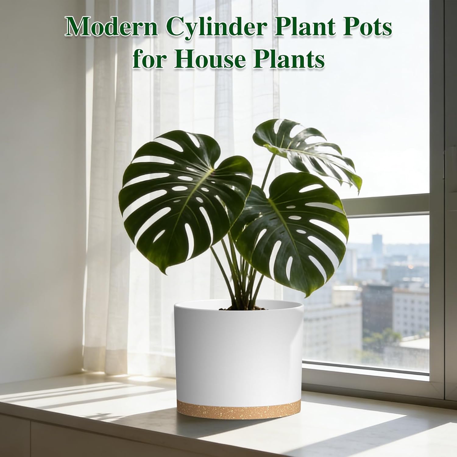 Plant Pots, 10/9/8 Inch 3 Pack Cylindrical Flower Pots with Drainage Holes and Saucers, Plastic Planters for Outdoor Indoor Plants,White Brown