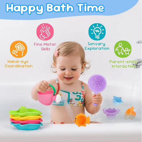 Fajiabao Toddler Bath Toys for Kids Ages 1-3 Stack, Scoop & Pour Set 9PCS