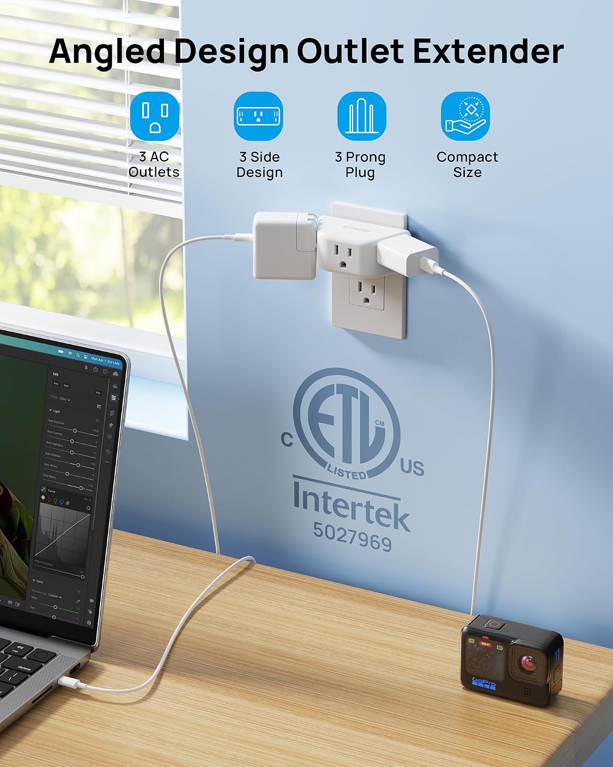 TROND Outlet Extender, 3 Way Angled Outlet Splitter for Bathroom Kitchen