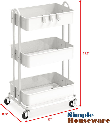 Simple Houseware 3-Tier Heavy Duty Metal Utility Rolling Cart, White