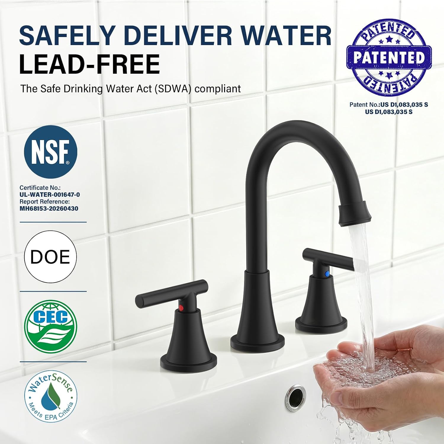 Bathroom Faucet 3 Hole, Matte Black Faucets with Drain and Supply Lines
