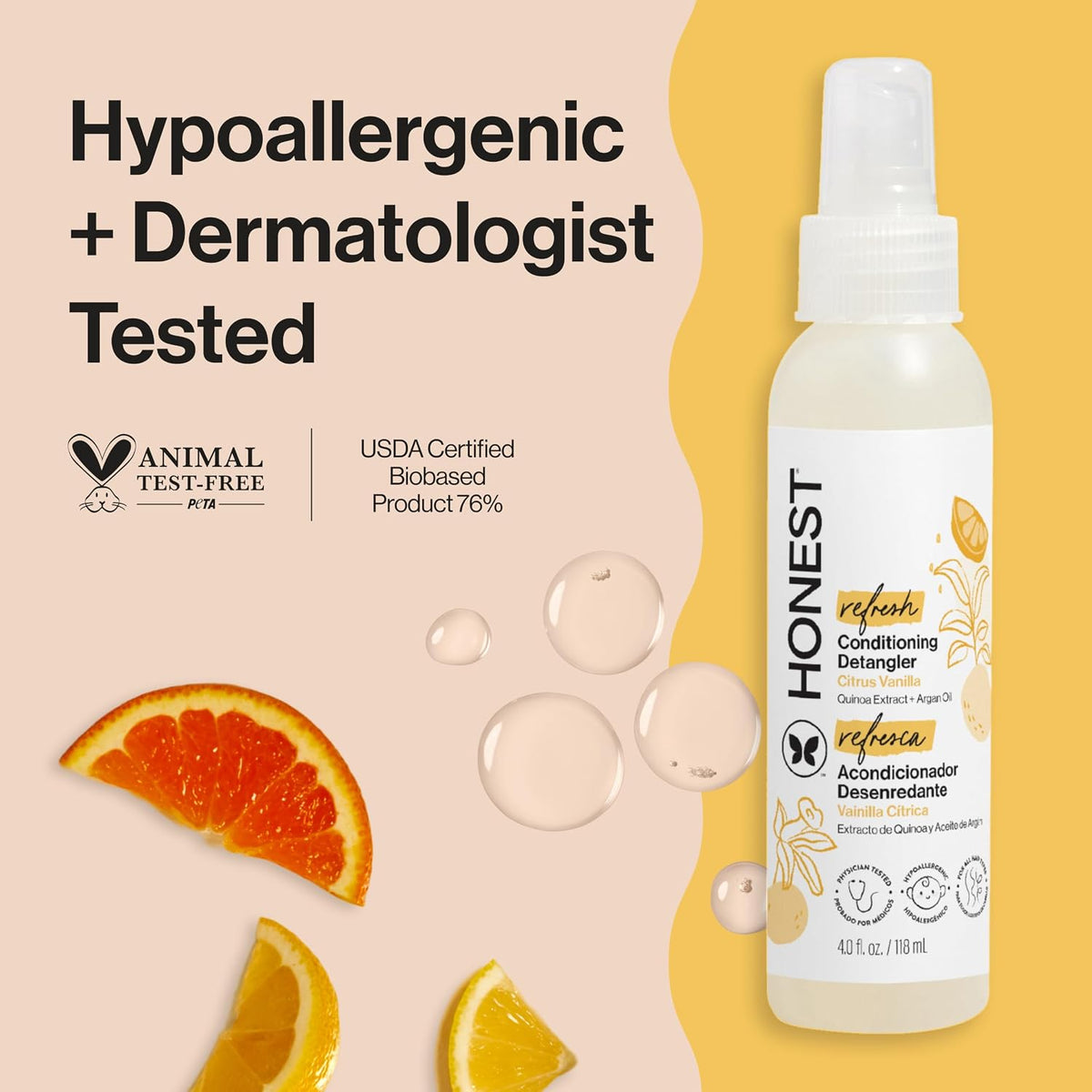 The Honest Company Hair Detangler, Citrus Vanilla Refresh, 4 fl oz, 3 Pack