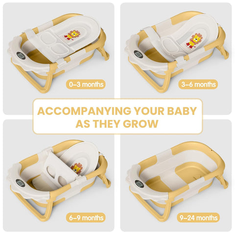 TPN Collapsible Baby Bathtub for Infants to Toddler with Real-time Temp Monitor+Floating Cushion 1 (Yellow, Little Lion)