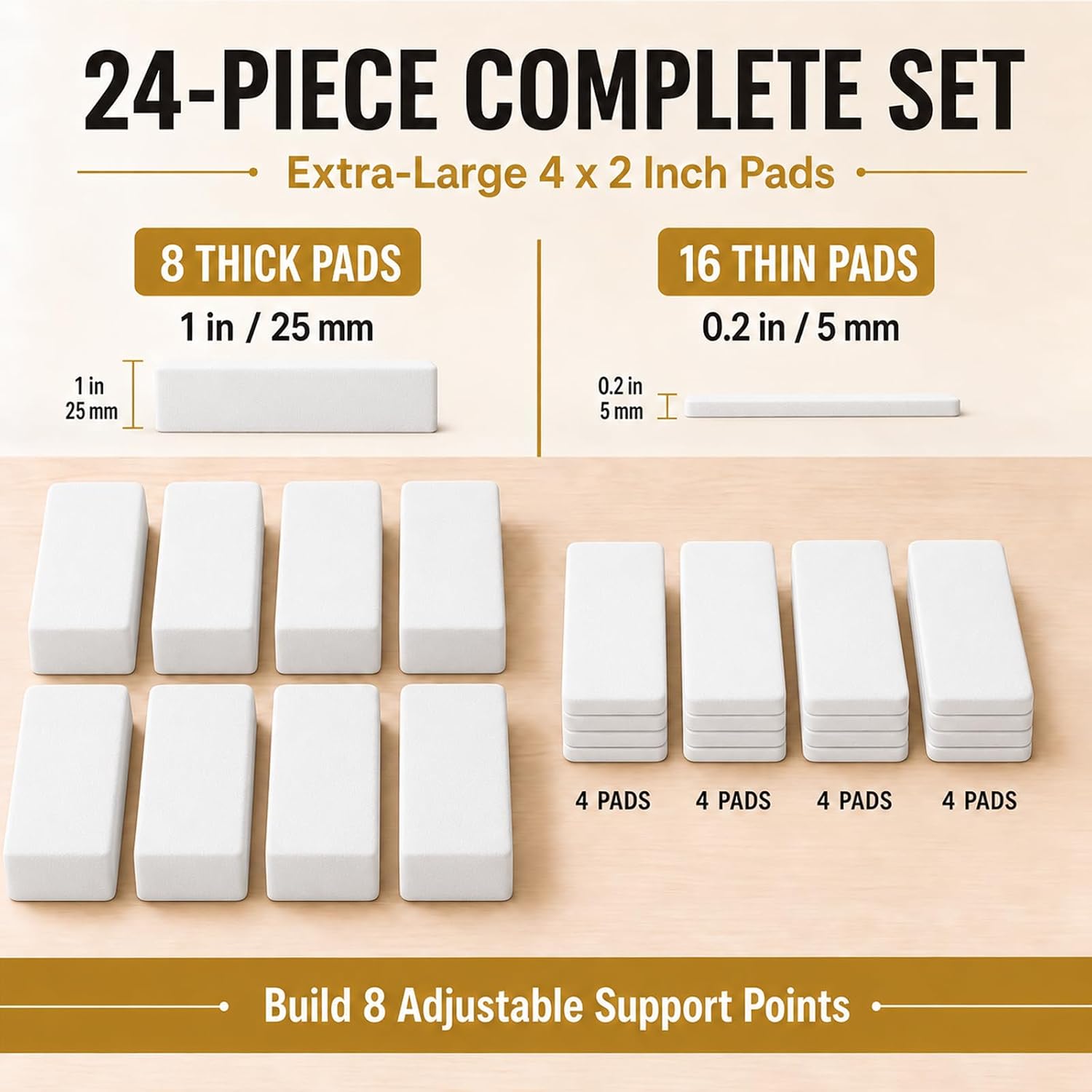 LveSunny 24Pcs Extra Large Headboard Stoppers for Wall, 4 x 2 Inch EVA Foam Furniture Wall Protectors, 8Pcs 1 Inch Thick + 16Pcs 0.2 Inch Thick Bed Frame Noise Stoppers, Couch Wall Spacers, White