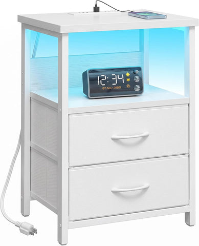 Fixwal Night Stand with Charging Station, White Led Nightstand, 2 Drawers