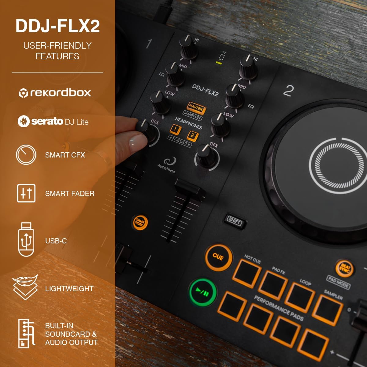 AlphaTheta DDJ-FLX2 Compact 2-Channel DJ Controller, Smart Fader, USB-C