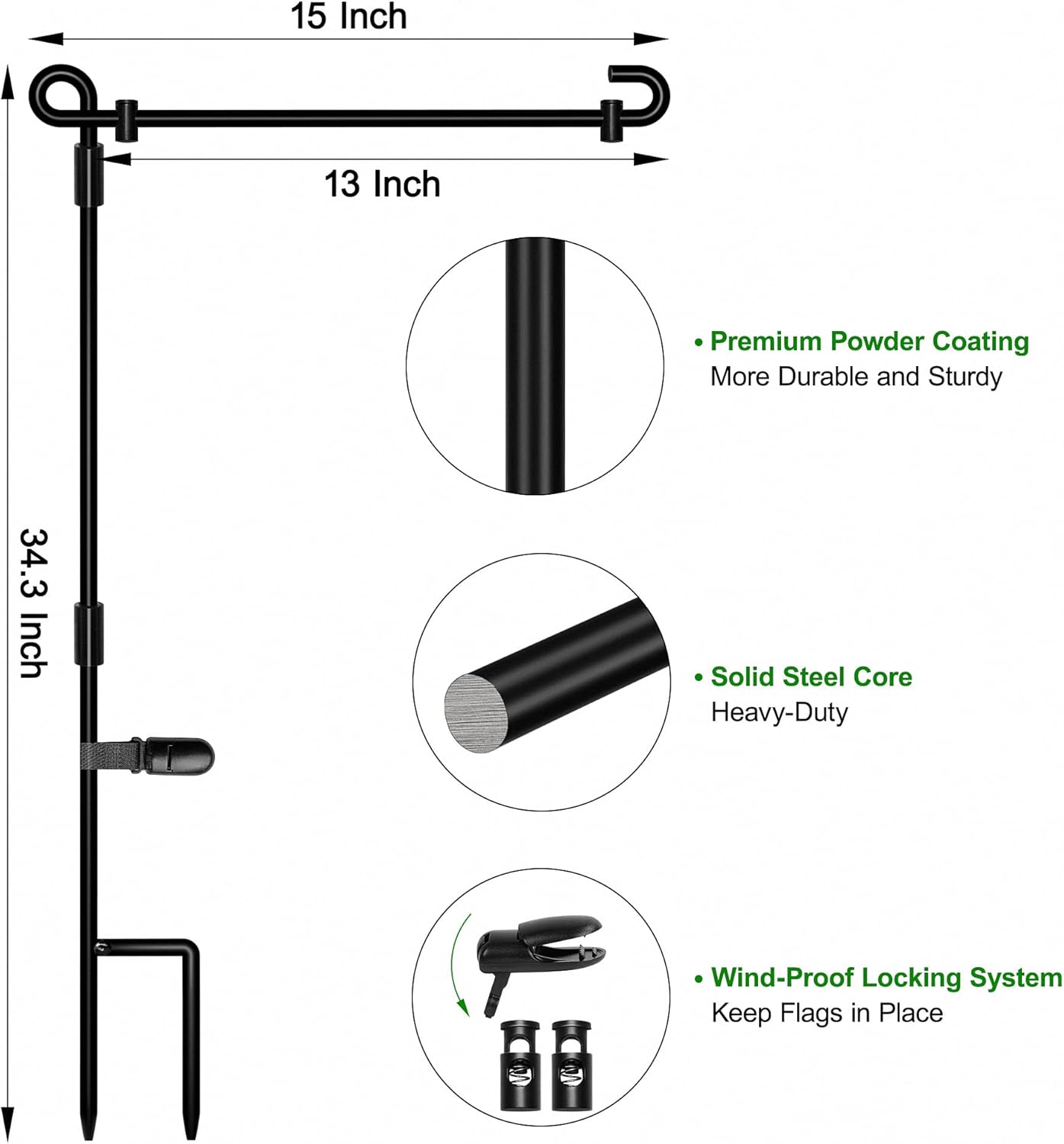 HOOSUN Garden Flag Stand,Premium Garden Flag Holder Pole Metal Powder-Coated Weather-Proof Paint with Graden Flag Clip and Spring Stoppers Without Flag Garden Decorations
