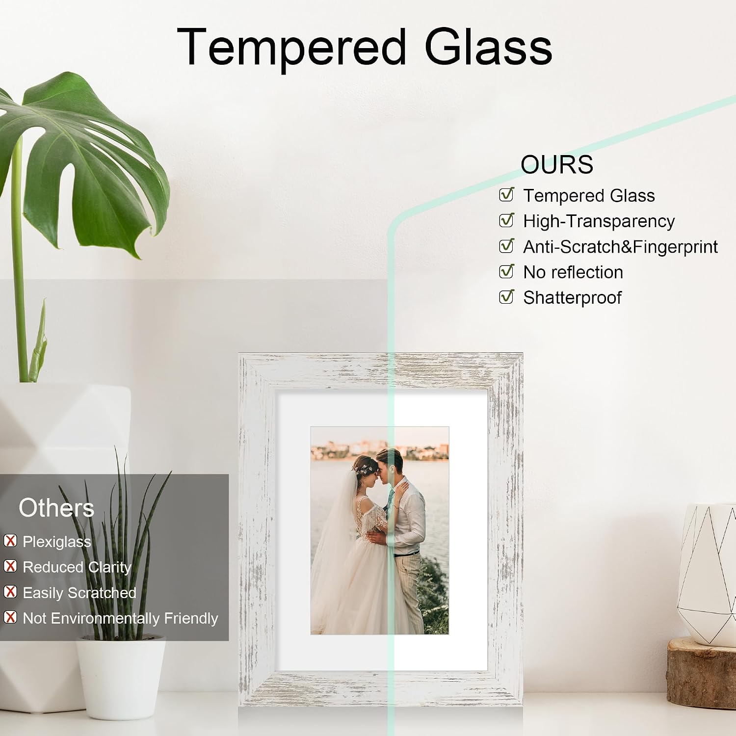 iRahmen 6x8 Picture Frame with HD Tempered Glass, Display Pictures 5x7 with Mat or 6 x 8 Without Mat, Wood Photo Frames for Tabletop and Wall Mount (Rustic White, 1 Pack)