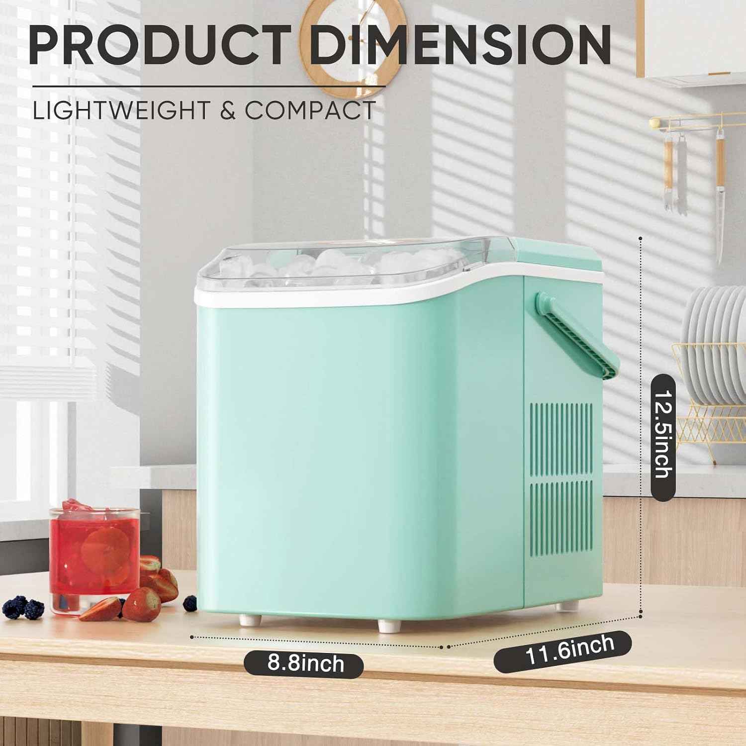 DUMOS Ice Makers Countertop with Handle Ice Machine, Fast in 6 Mins, 26lbs in 24 Hours, Quiet Self-Cleaning, Compact Size Portable for Home, Kitchen, RV, Camping, Green