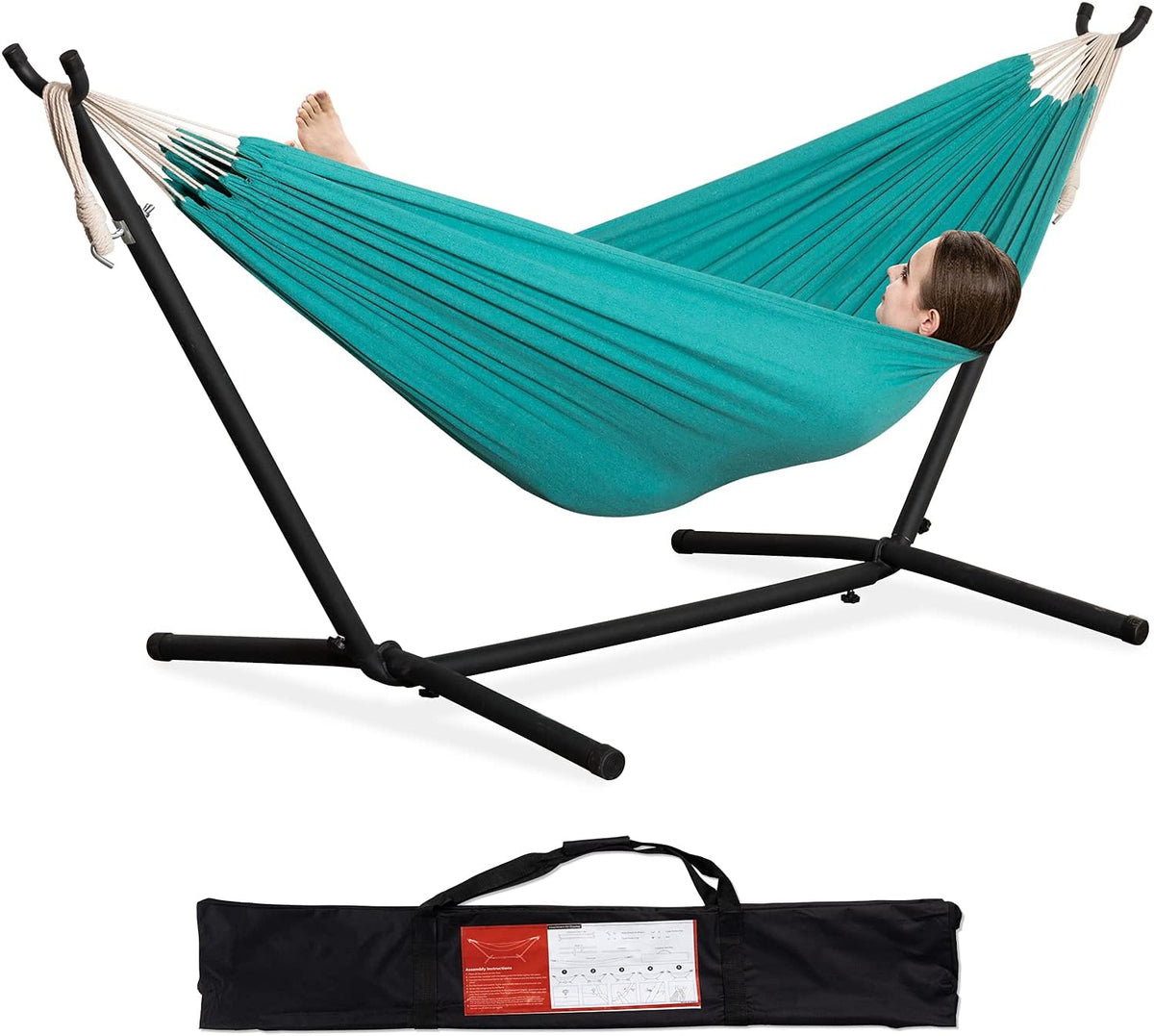 PNAEUT Double Hammock with Stand for Outside, Heavy-Duty, Portable (Aqua)