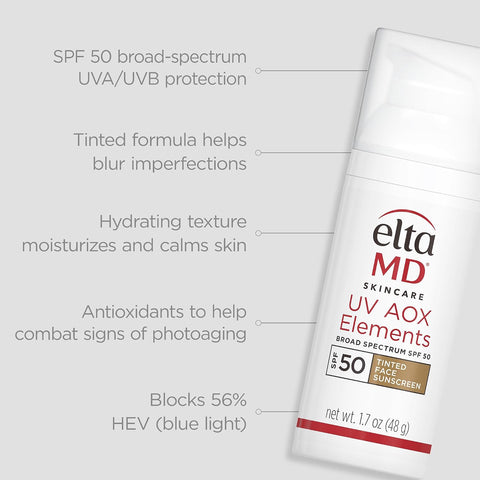 UV AOX Elements Tinted Mineral Face Sunscreen Lotion, Tinted Moisturizer for Face SPF 50 with Antioxidants