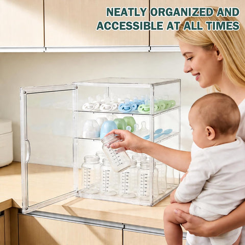 Baby Bottle Organizer, 3 Tiers Acrylic Bottle Storage Organizer Container, Clear Plastic Bottle Station Organizer with 2 Adjustable Dividers for Kitchen Countertop, Bathroom, Cabinet, Vanity (Large)