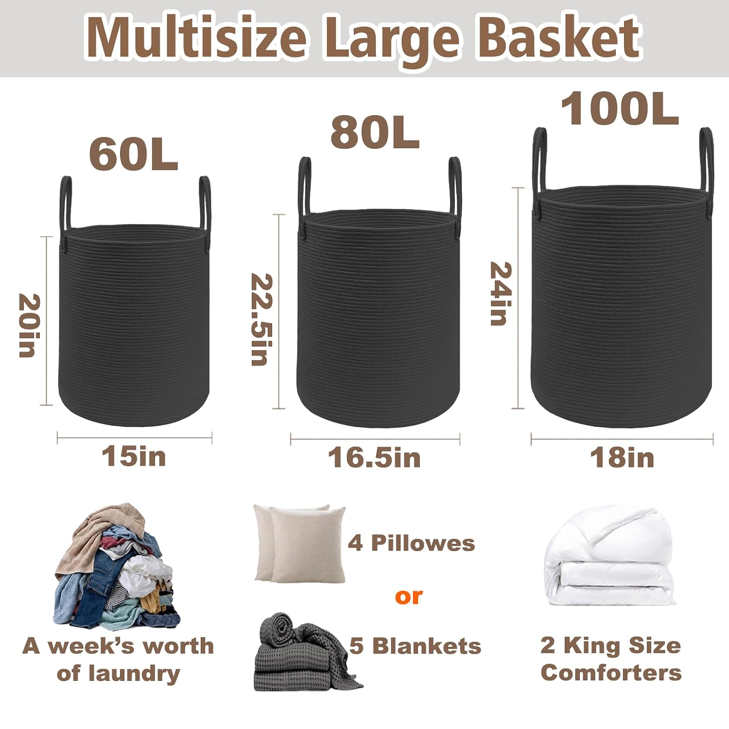 JMvicyroam 100L Cotton Rope Laundry Basket Hamper, Black