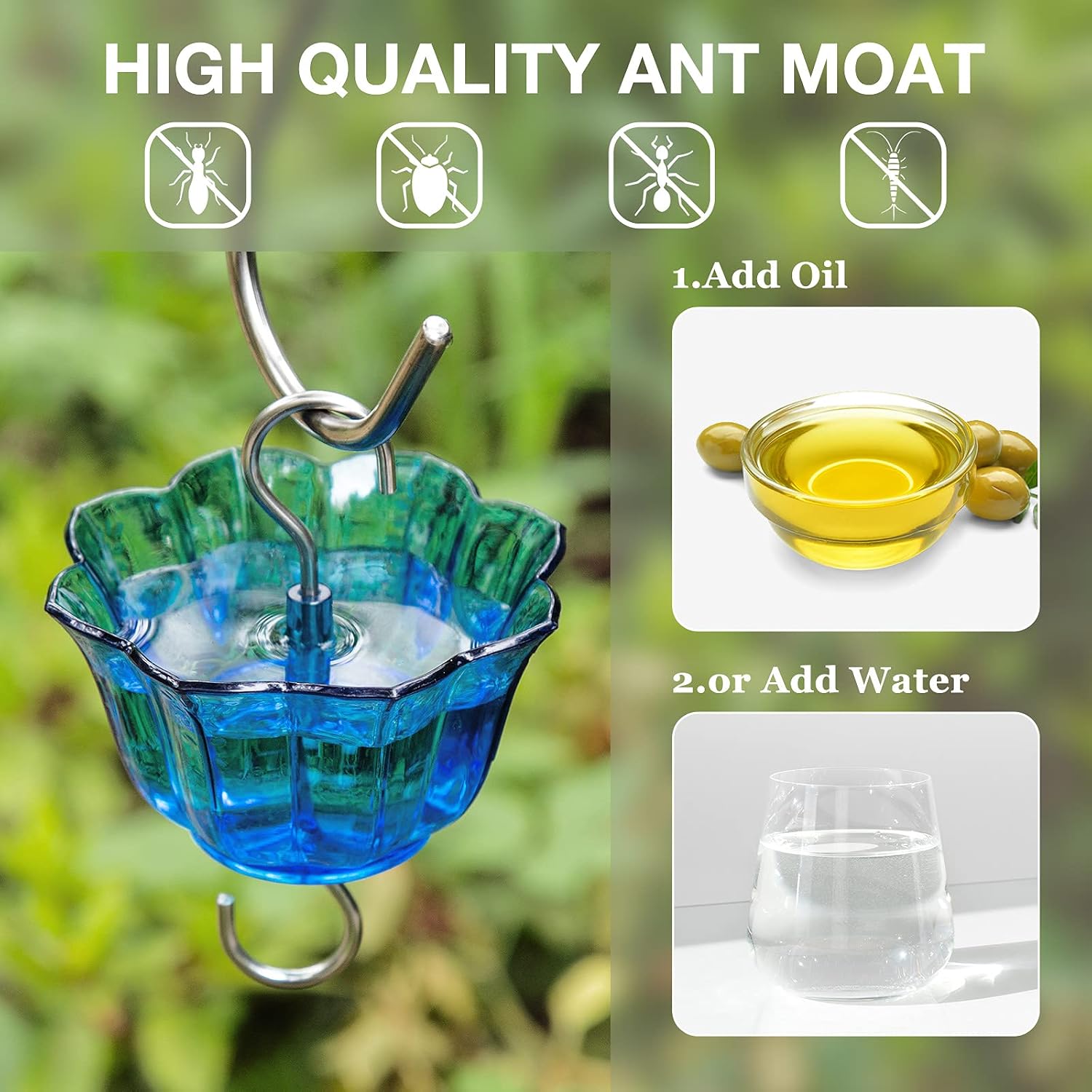 Kingsyard Glass Hummingbird Feeder for Outdoors Wild Bird Feeder with 6 Feeding Ports Hanging for Garden Yard, Blue (Ant Moat Included)