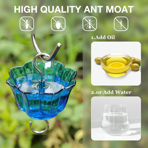 Kingsyard Glass Hummingbird Feeder for Outdoors Wild Bird Feeder with 6 Feeding Ports Hanging for Garden Yard, Blue (Ant Moat Included)