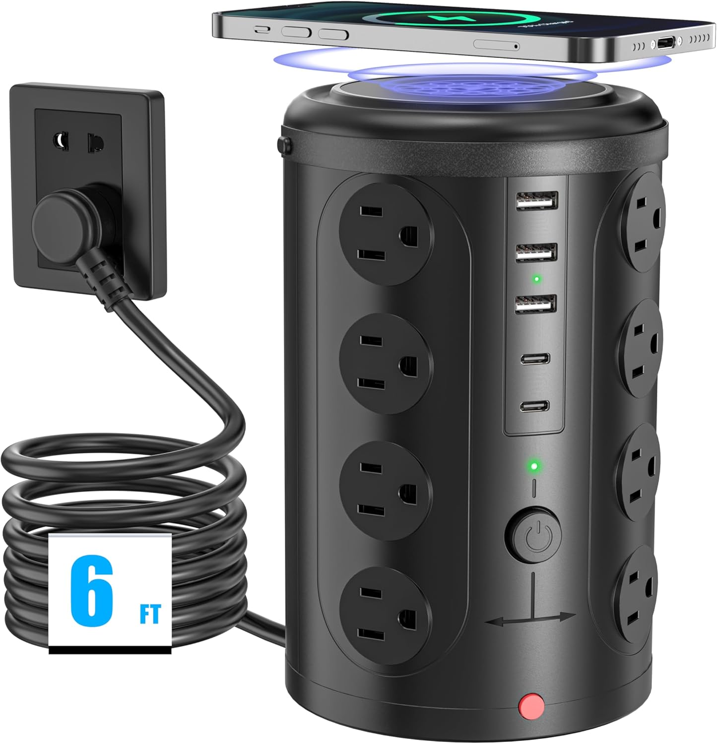6FT Power Strip Tower Surge Protector with 15W Wireless Charger