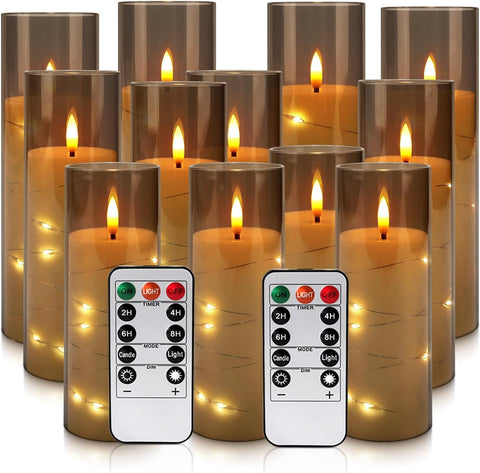 YOROXRG Flickering Flameless Candles Battery Operated with Remote,Led Pillar Candles with Realistic Moving Wick Candles for Halloween,Christmas,Home Decor Pack of 12 (D2.2 xH 5" 6" 7")(Grey)