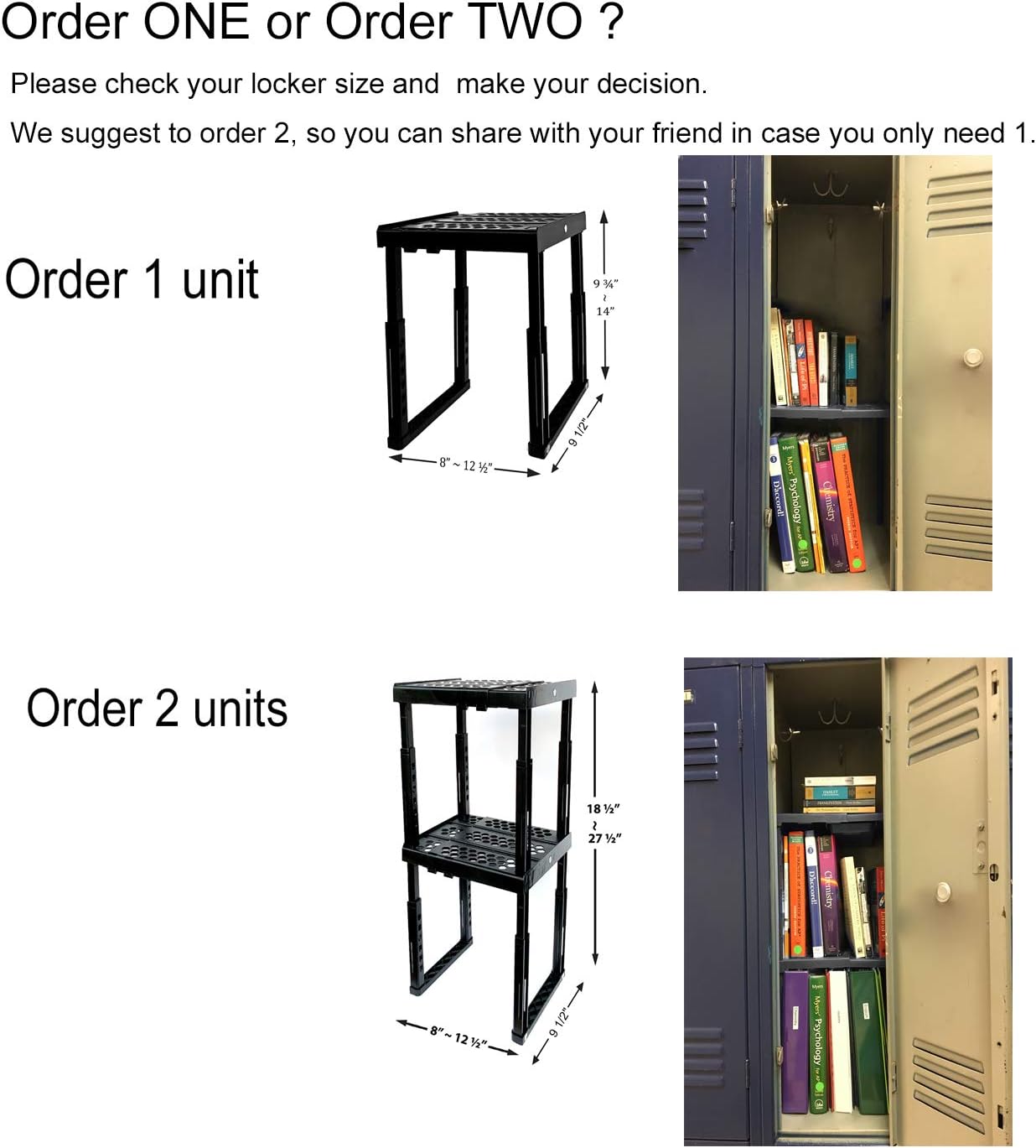 Locker Organizer Shelf， Adjustable Width and Height, Ideal Locker for School, Office, and Gym Lockers (Black)
