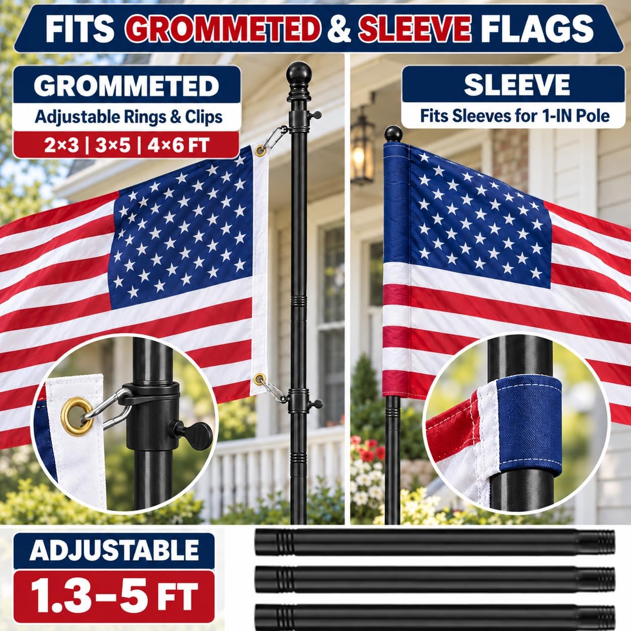 Flag Pole for Outside House, 1" Dia , 2 Tangle Free Rings,Heavy Duty Metal