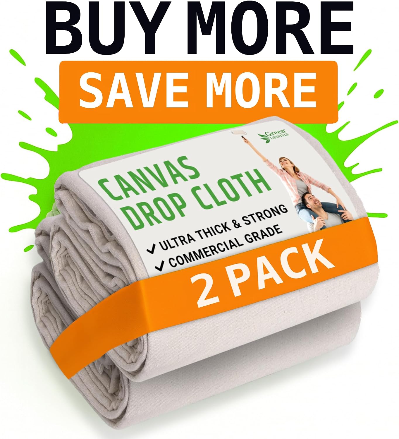GREEN LIFESTYLE All Purpose Canvas Drop Cloths - Drop Cloth for Painting, Floor Cover, Heavy Duty Protection for Furniture & Surfaces, Reusable Painters Canvas Tarp for Renovation & Home (4x12)