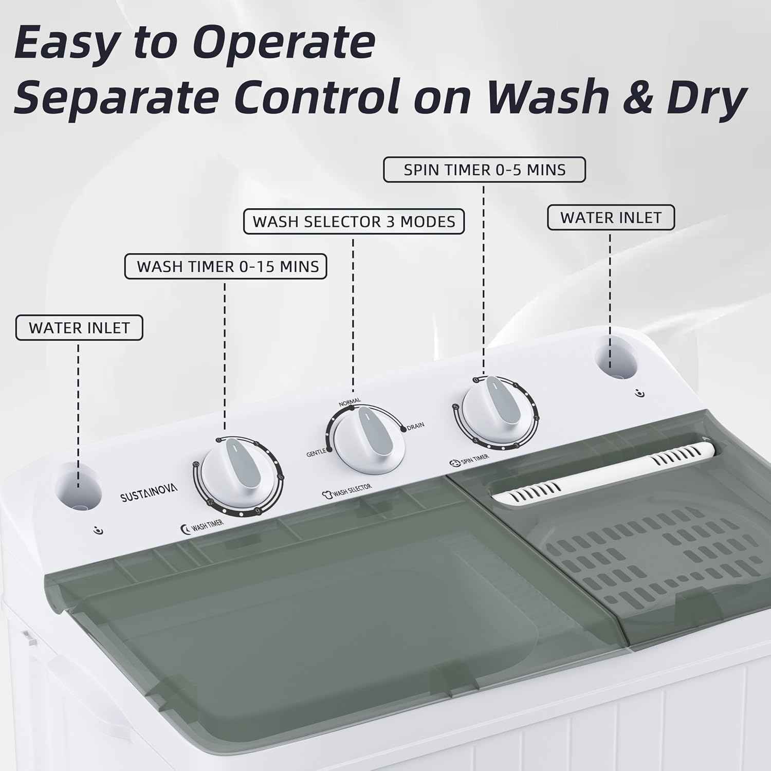 Portable Washing Machine, Twin Tub 9.9 Lbs Capacity, Washer(7.7 Lbs) and Spinner(2.2 Lbs) Combo, Mini Compact Laundry Washer for Home, Apartment, Camping, RVs and Dorms, Black/White