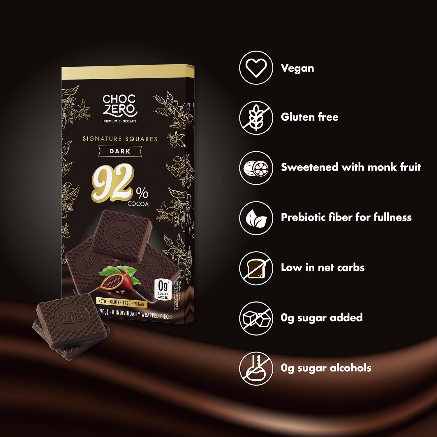 ChocZero 92% Cocoa Sugar Free Dark Chocolate Squares, Vegan, 4 Pack