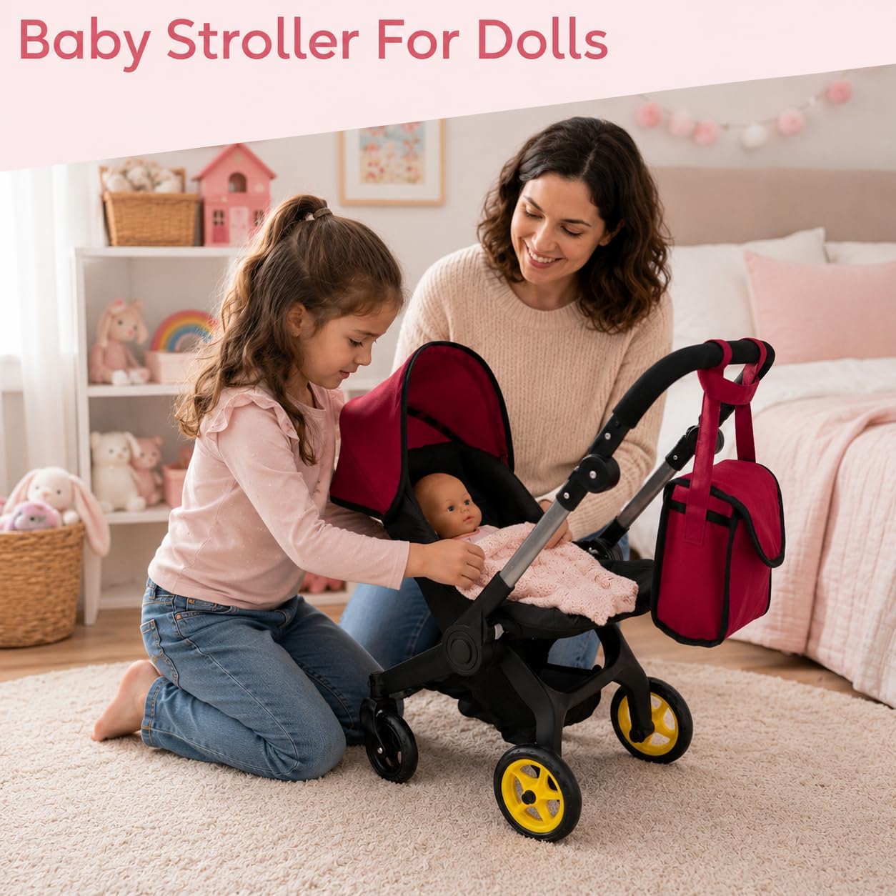 Baby Doll Car Seat Stroller Combo – Convertible 2-in-1 Doll Stroller and Car Seat for Kids | Fits Up to 20” Dolls | Play Toy Baby Stroller with Adjustable Handle for Young Girls Ages 3+ (Maroon)