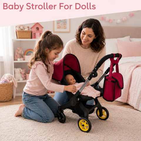 Baby Doll Car Seat Stroller Combo – Convertible 2-in-1 Doll Stroller and Car Seat for Kids | Fits Up to 20” Dolls | Play Toy Baby Stroller with Adjustable Handle for Young Girls Ages 3+ (Maroon)