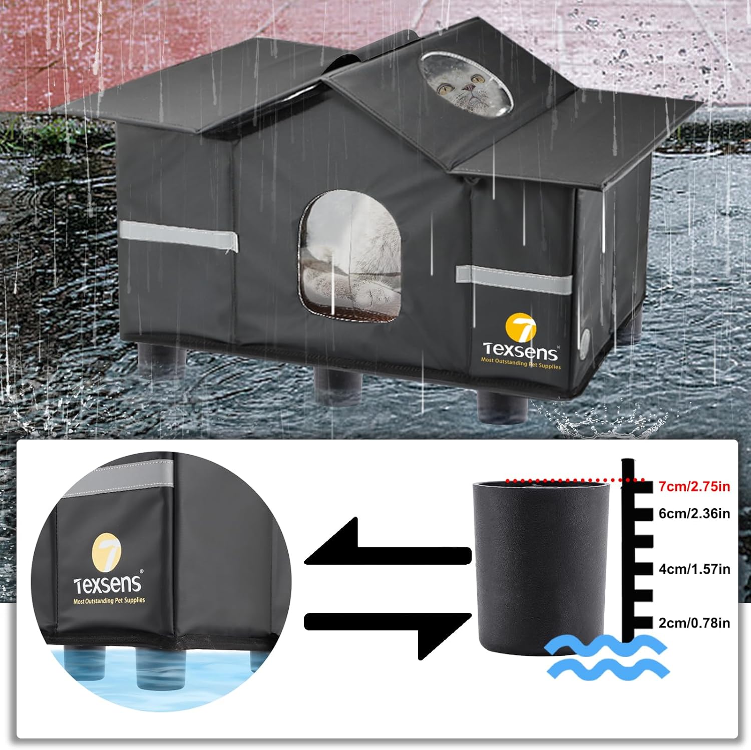 Texsens Outdoor Cat House - Weatherproof Large Cat Shelter for Outside with Roof Window- Insulated Elevated House for Stray/Barn Cats with Cozy Cushion - Ideal Waterproof Feral Cat House