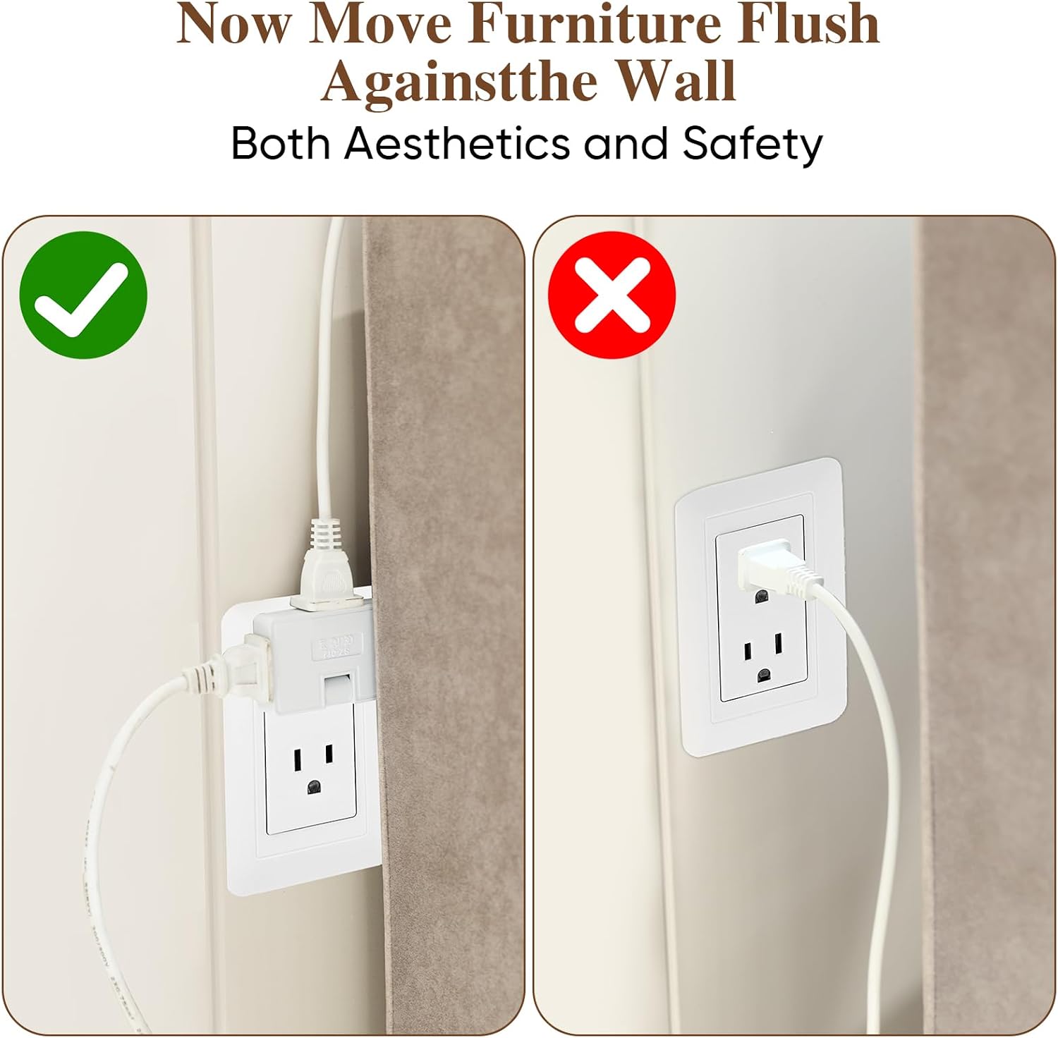 2 Pack 3 Way Flat Wall Outlet Extender Adapter- 180 Degrees Rotatable Flat Plug AC Adapter, 2 Prong Foldable Swivel Outlet Extender, Outlet Splitter for Behind Furniture (White, Type A)