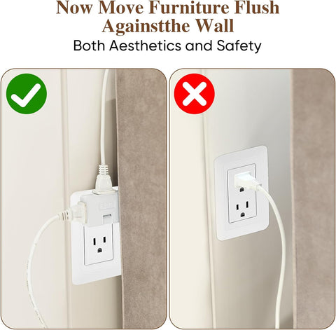 2 Pack 3 Way Flat Wall Outlet Extender Adapter- 180 Degrees Rotatable Flat Plug AC Adapter, 2 Prong Foldable Swivel Outlet Extender, Outlet Splitter for Behind Furniture (White, Type A)