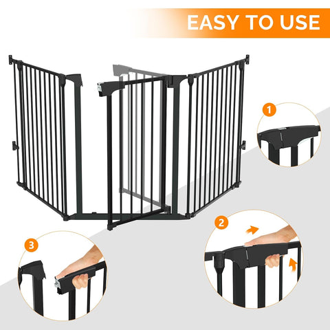 Bonnlo 134 Inches Wide Configurable Baby Gate, Fireplace Safety Fence/Guard, Adjustable 5-Panel Metal Play Yard for Toddler/Pet/Dog, Christmas Tree Fence, Includes 4 Pack of Wall Mounts, Black
