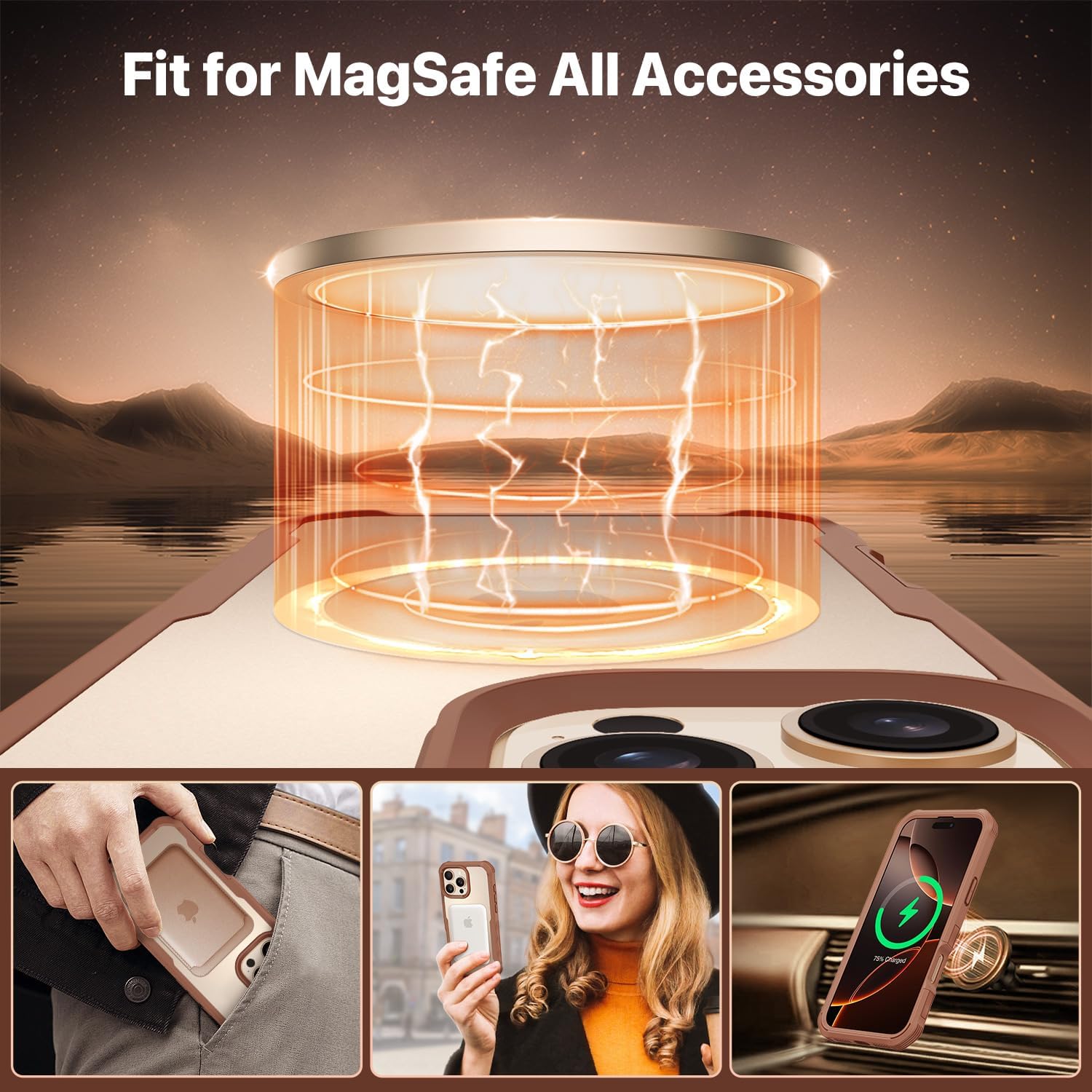 CENHUFO Privacy for iPhone 16 Pro Case, Compatible with Magsafe Magnetic Full Body Case Built-in 9H Tempered Glass Privacy Screen Protector and Camera Lens Protector, Shockproof Cover -Desert Brown
