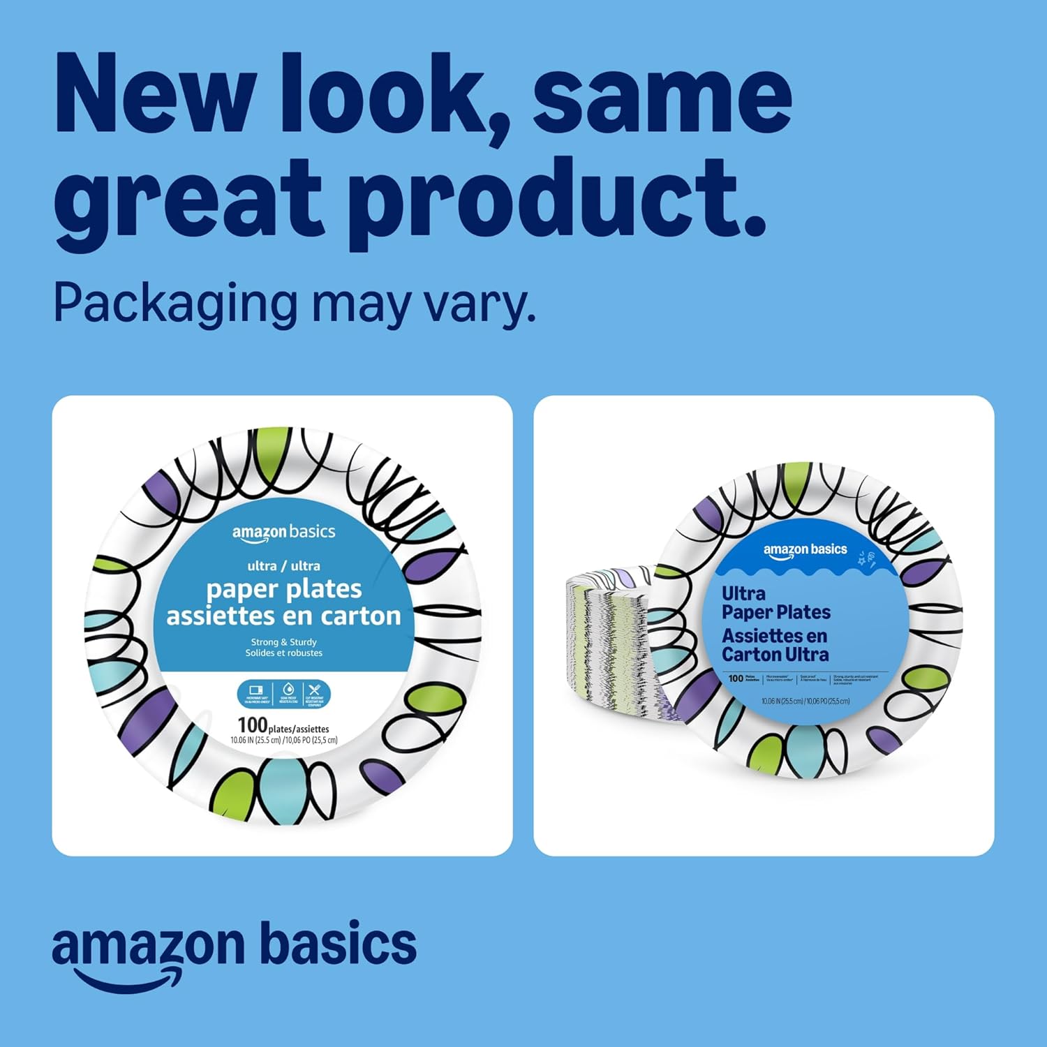 Amazon Basics Ultra Paper Plates, 10 Inch, Disposable, 100 Count, Packaging May Vary