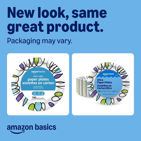 Amazon Basics Ultra Paper Plates, 10 Inch, Disposable, 100 Count, Packaging May Vary