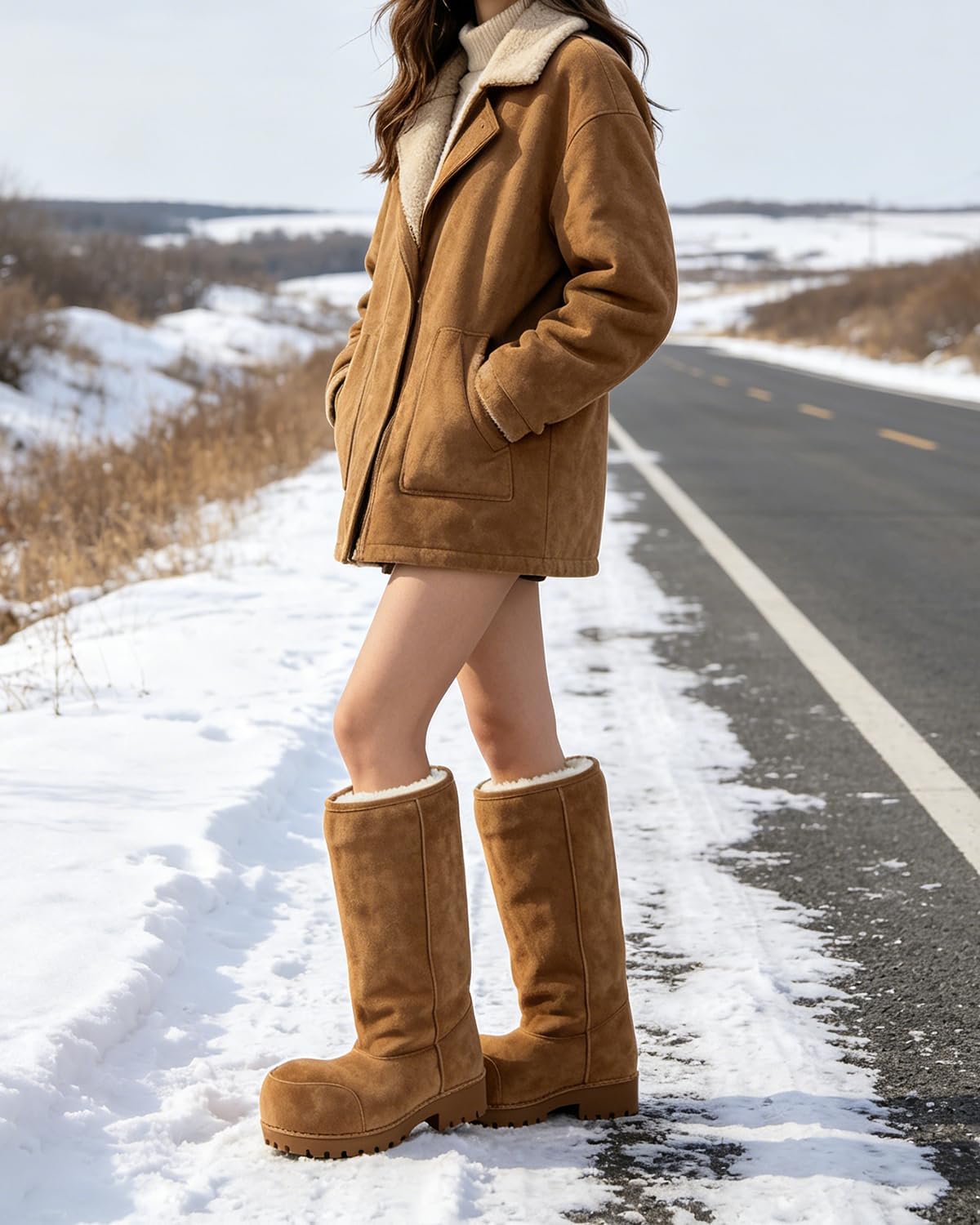 Platform Snow Boots for Women Suede Classic Fur Hippy Mid Calf Winter Boots Slip On High Boots Comfortable Chunky Trending Shoes Biege