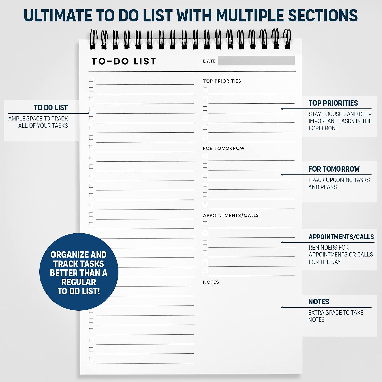 To Do List Notepad with Multiple Functional Sections, Spiral Daily Planner