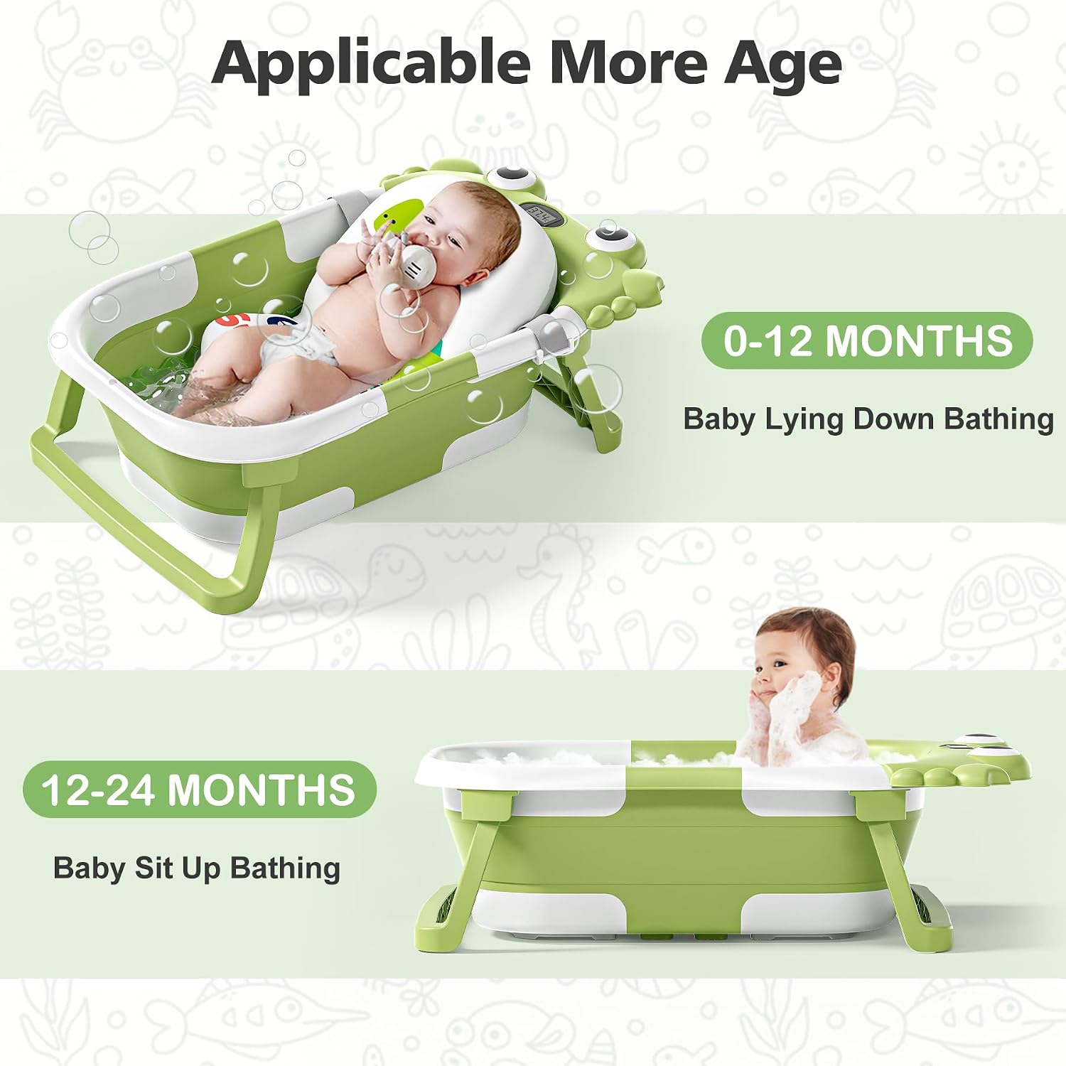 Collapsible Baby Bathtub for Newborns with Thermometer and Soft Floating Cushion Portable and Foldable Travel Baby Boy Bath Tub for Infants to Toddler 0-36 Month (Green)