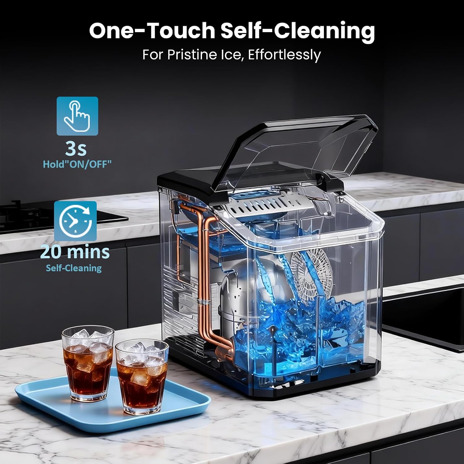 Countertop Ice Maker, 9 Ice Cubes in 10 Minutes, Self-Cleaning Portable Ice Machine with Scoop and Basket, 28lbs/24H, Ultra Quiet Stainless Steel for Home Kitchen Bar Party