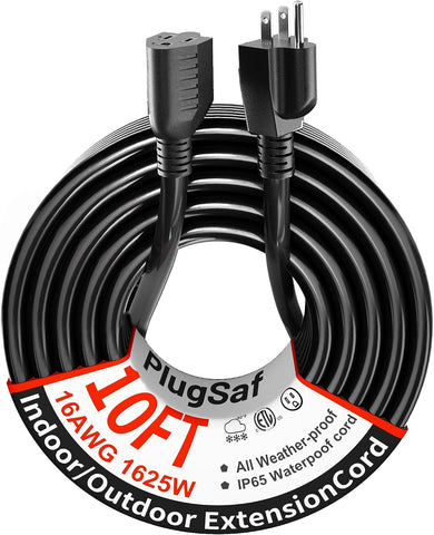 PlugSaf 16/3 10Ft Indoor Extension Cord Black, 3 Prong Electric Cord