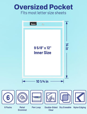 SUNEE 6 Packs Oversized Reusable Dry Erase Pocket Sleeves with Ring, White 10x14 Ticket Holders, Clear Plastic Sheet Protectors, Teacher School Classroom Supplies