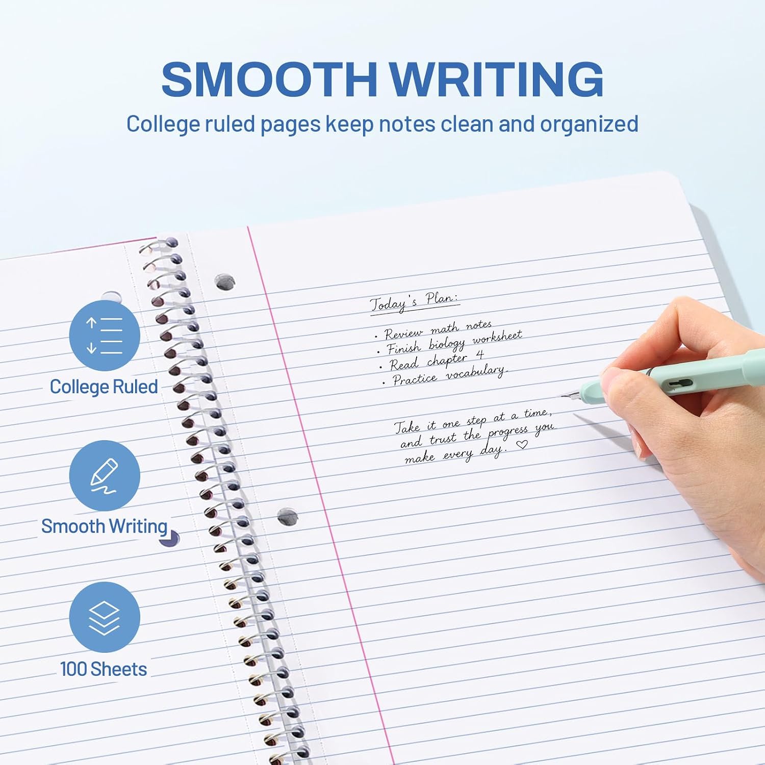 SUNEE Spiral Notebook, 1-Subject, College Ruled Paper, 8" x 10-1/2", 100 Sheets per Notebook, 3-Hole Punched Paper, Water Resistant Cover, Double-sided Pockets, Grey Blue
